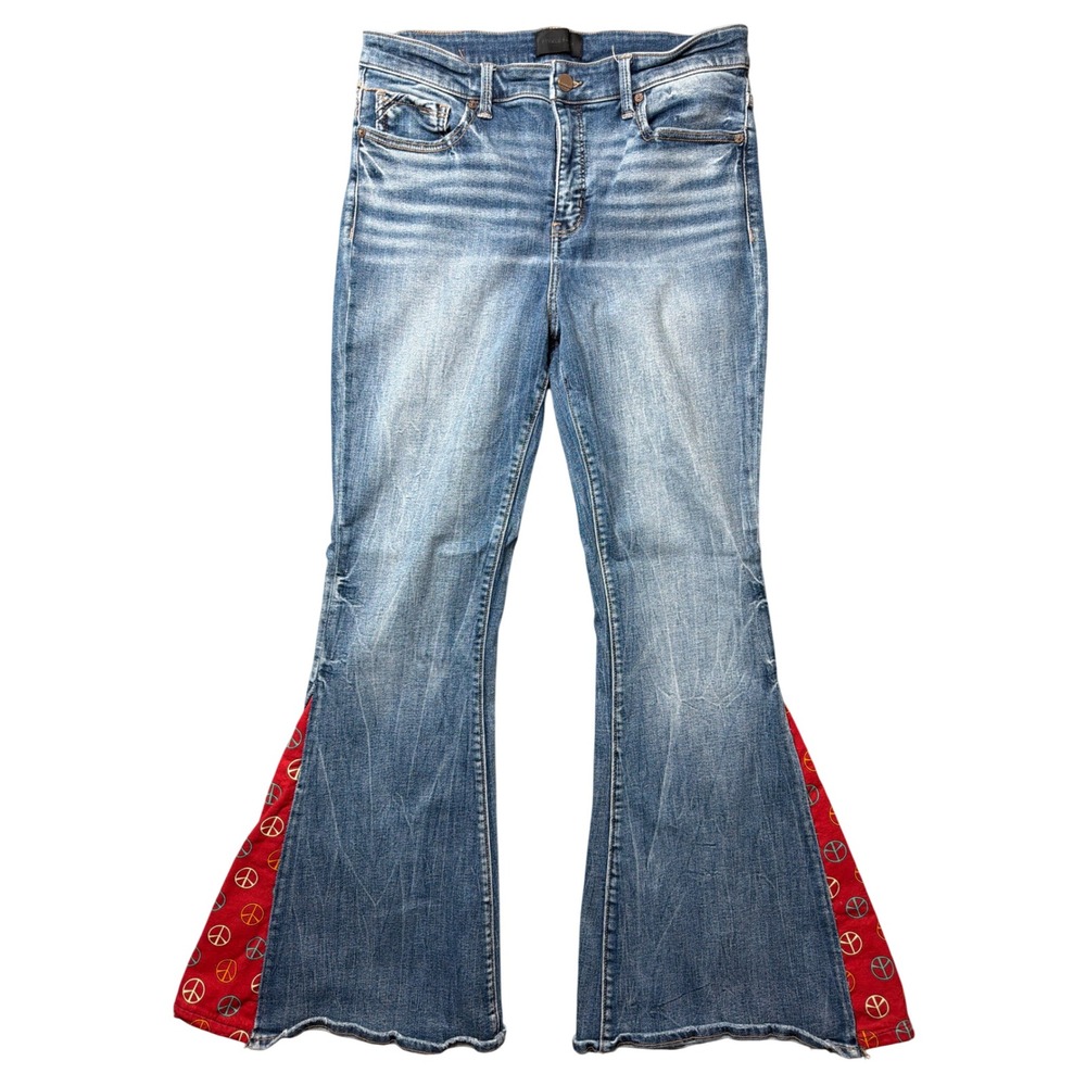 Buckle Black Flare Jeans Womens 30x32 Fit No. 75 Blue Peace Sign Hem